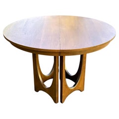 Broyhill Brasilia Midcentury Round Walnut Pedestal Dining Table, 3 Leaves