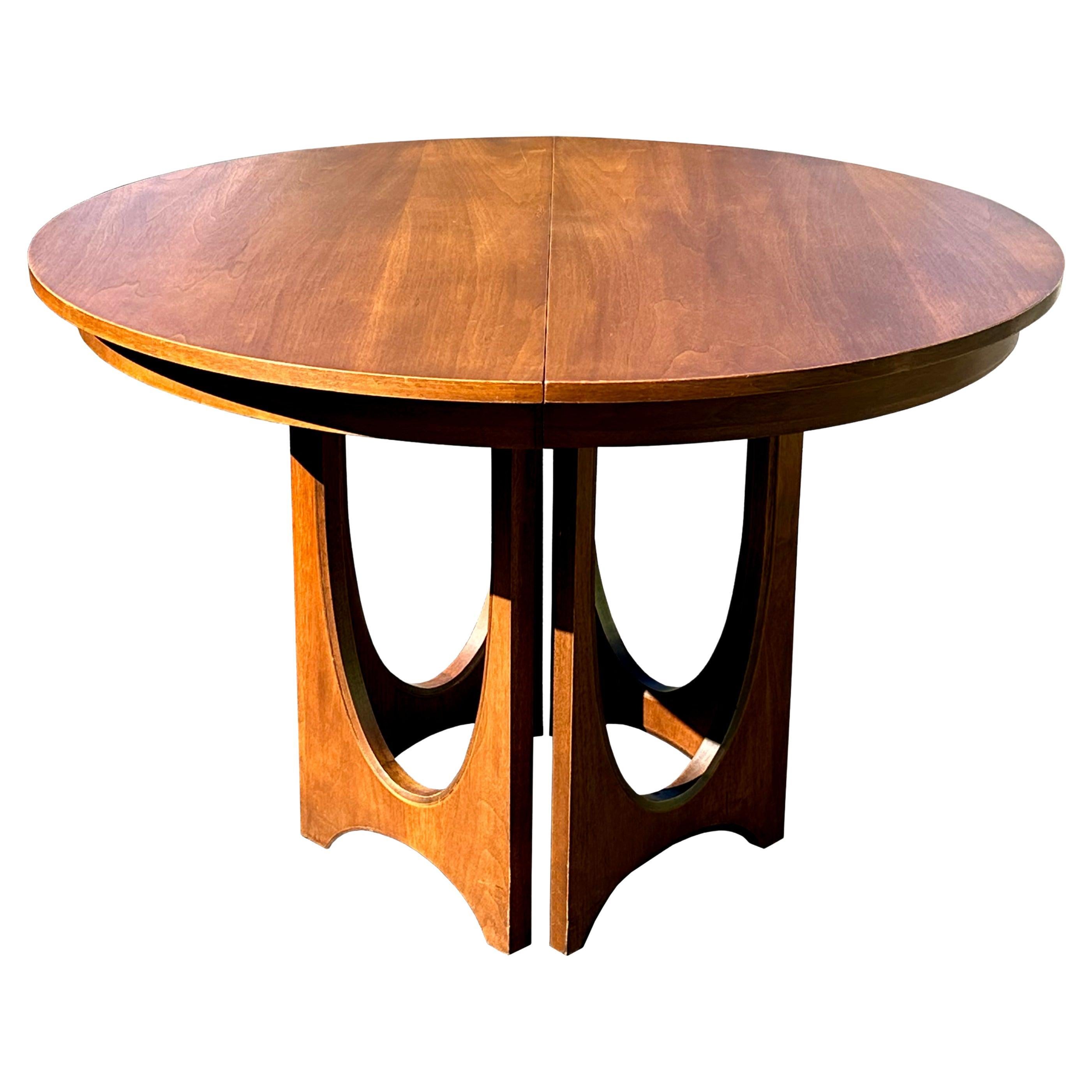 Broyhill Brasilia Midcentury Round Walnut Pedestal Dining Table, 3 Leaves