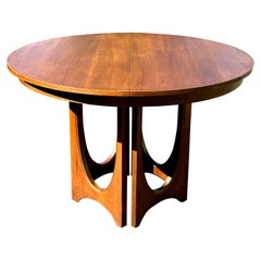 Retro Broyhill Brasilia Midcentury Round Walnut Pedestal Dining Table, 3 Leaves