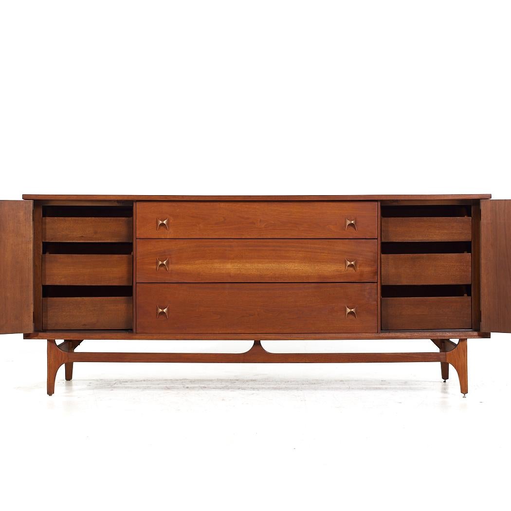American Broyhill Brasilia Mid Century Walnut 72 inch 9 Drawer Lowboy Dresser