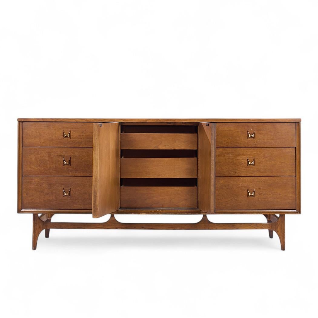 20th Century Broyhill Brasilia Mid Century Walnut 9-Drawer Lowboy Dresser For Sale