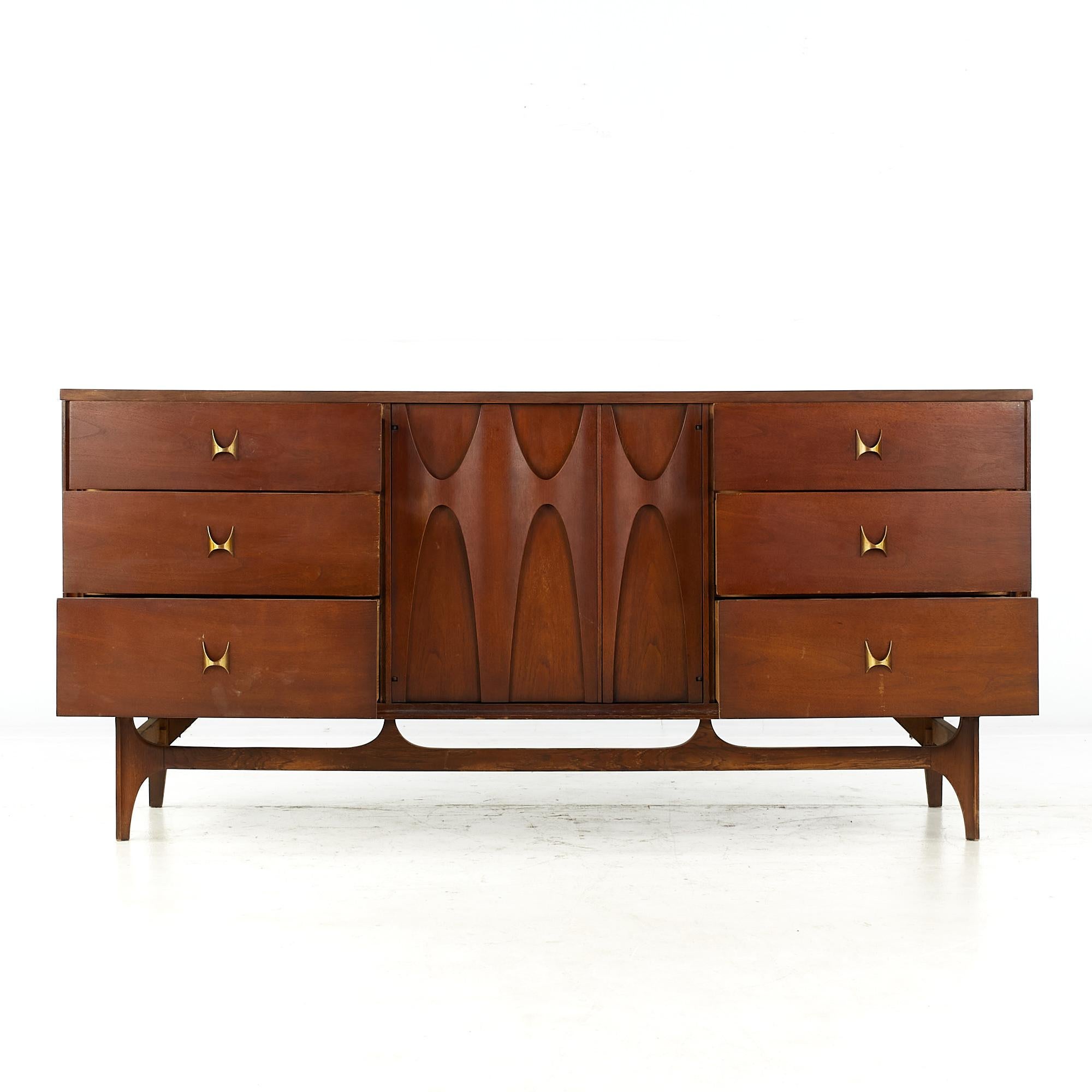 Broyhill Brasília Mid Century Walnut 9 Drawer Lowboy Dresser For Sale at 1stDibs
