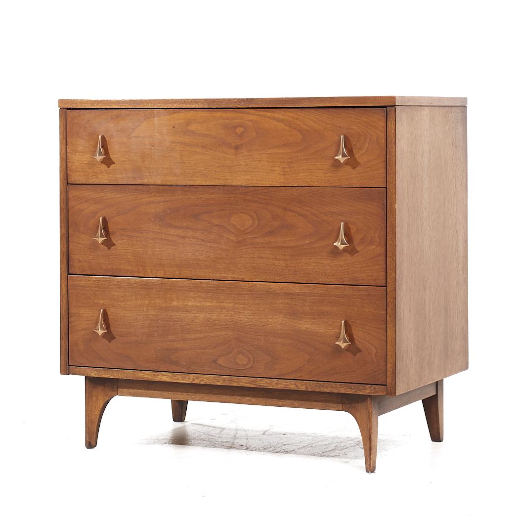 Mid-Century Modern Broyhill Brasilia Mid Century Walnut and Brass 3 Drawer Lowboy Dresser For Sale