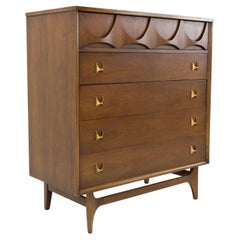 Broyhill Brasilia Mid Century Walnut and Brass 5 Drawer Highboy Dresser Chest