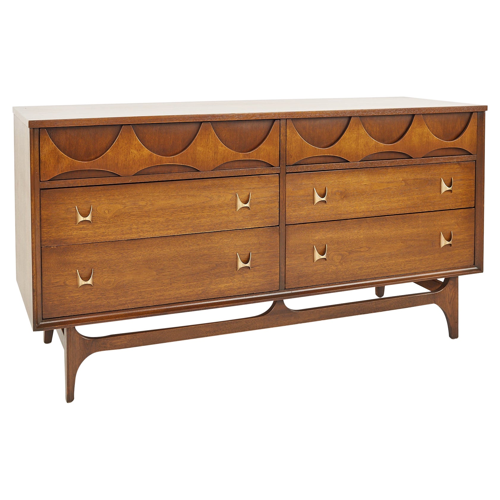 Broyhill Brasilia Mid Century Walnut and Brass 6 Drawer Lowboy Dresser