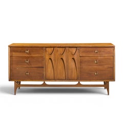 Broyhill Brasilia Mid Century Walnut and Brass 9 Drawer Lowboy Dresser