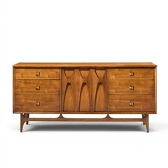 Broyhill Brasilia Mid Century Walnut and Brass 9-Drawer Lowboy Dresser