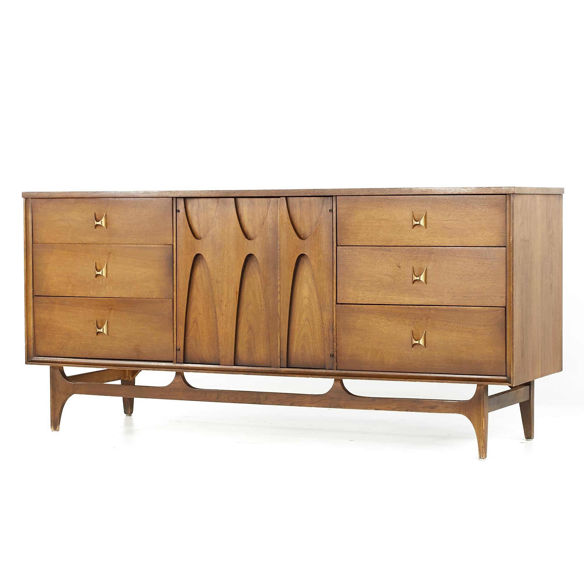 Mid-Century Modern Broyhill Brasilia Midcentury Walnut and Brass 9 Drawer Lowboy Dresser