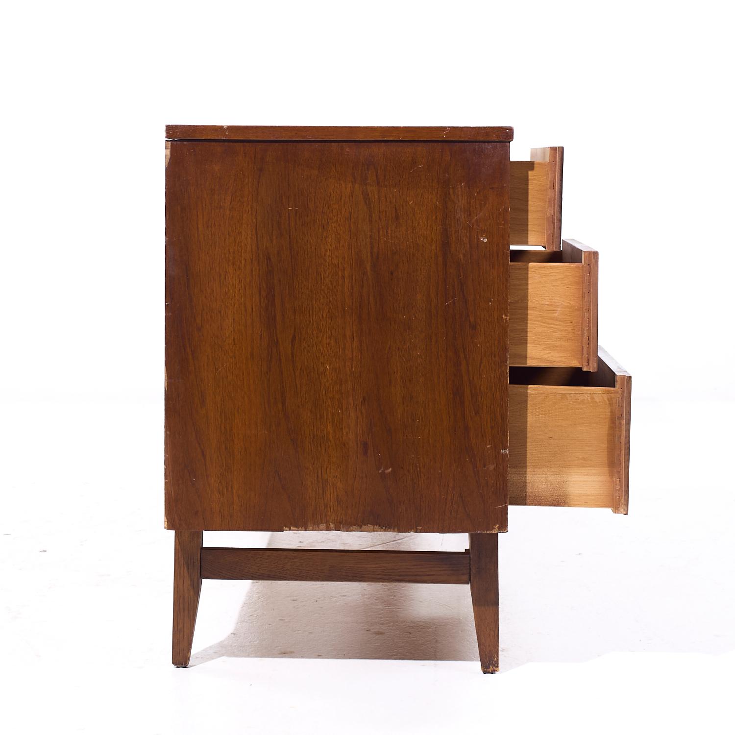 American Broyhill Brasilia Mid Century Walnut and Brass 9-Drawer Lowboy Dresser For Sale