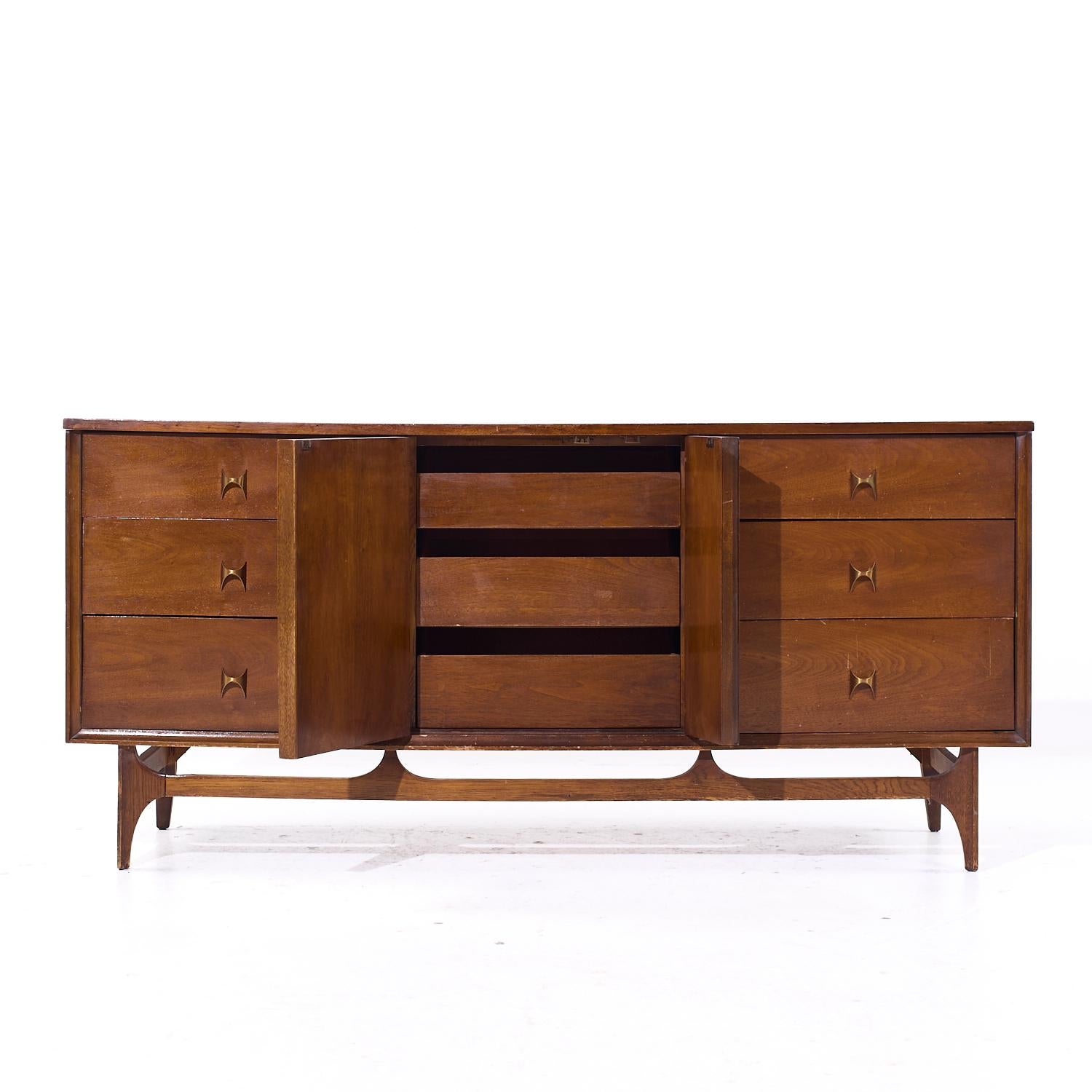 20th Century Broyhill Brasilia Mid Century Walnut and Brass 9-Drawer Lowboy Dresser For Sale