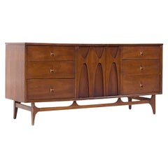 Broyhill Brasilia Mid Century Walnut and Brass 9-Drawer Lowboy Dresser