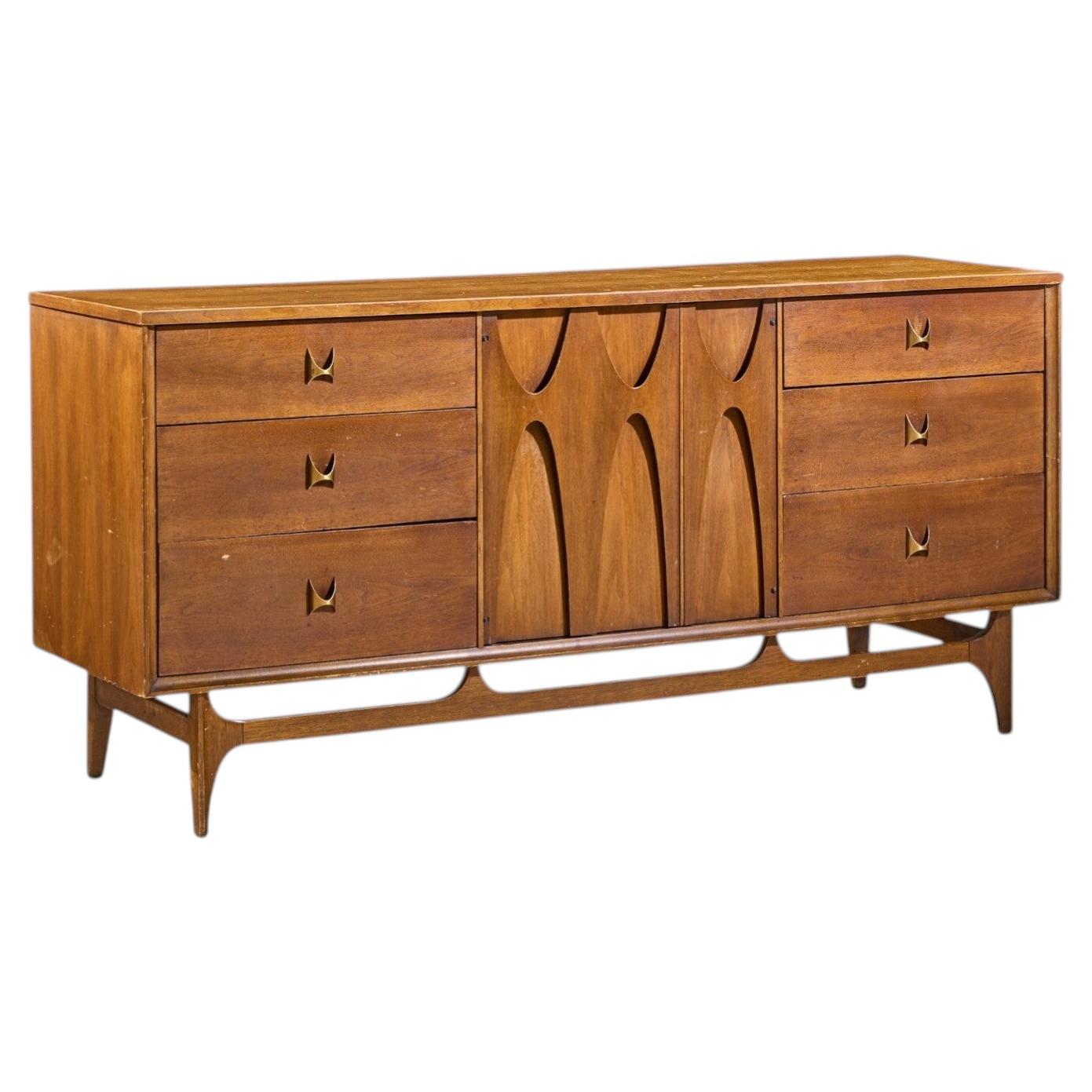 Broyhill Brasilia Mid Century Walnut and Brass 9 Drawer Lowboy Dresser