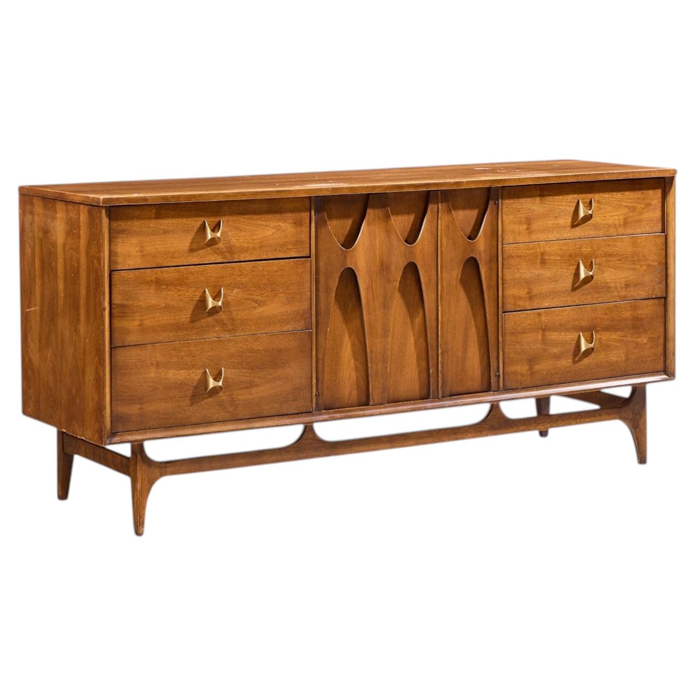 Broyhill Brasilia Mid Century Walnut and Brass 9-Drawer Lowboy Dresser