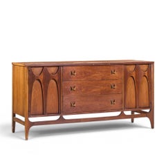 Broyhill Brasilia Mid Century Walnut and Brass Credenza and Hutch