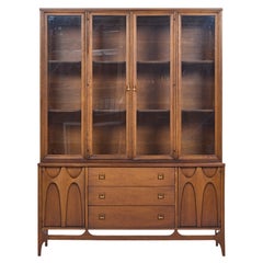 Broyhill Brasilia Mid Century Walnut and Brass Credenza and Hutch