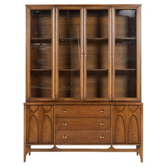 Broyhill Brasilia Mid Century Walnut and Brass Credenza and Hutch