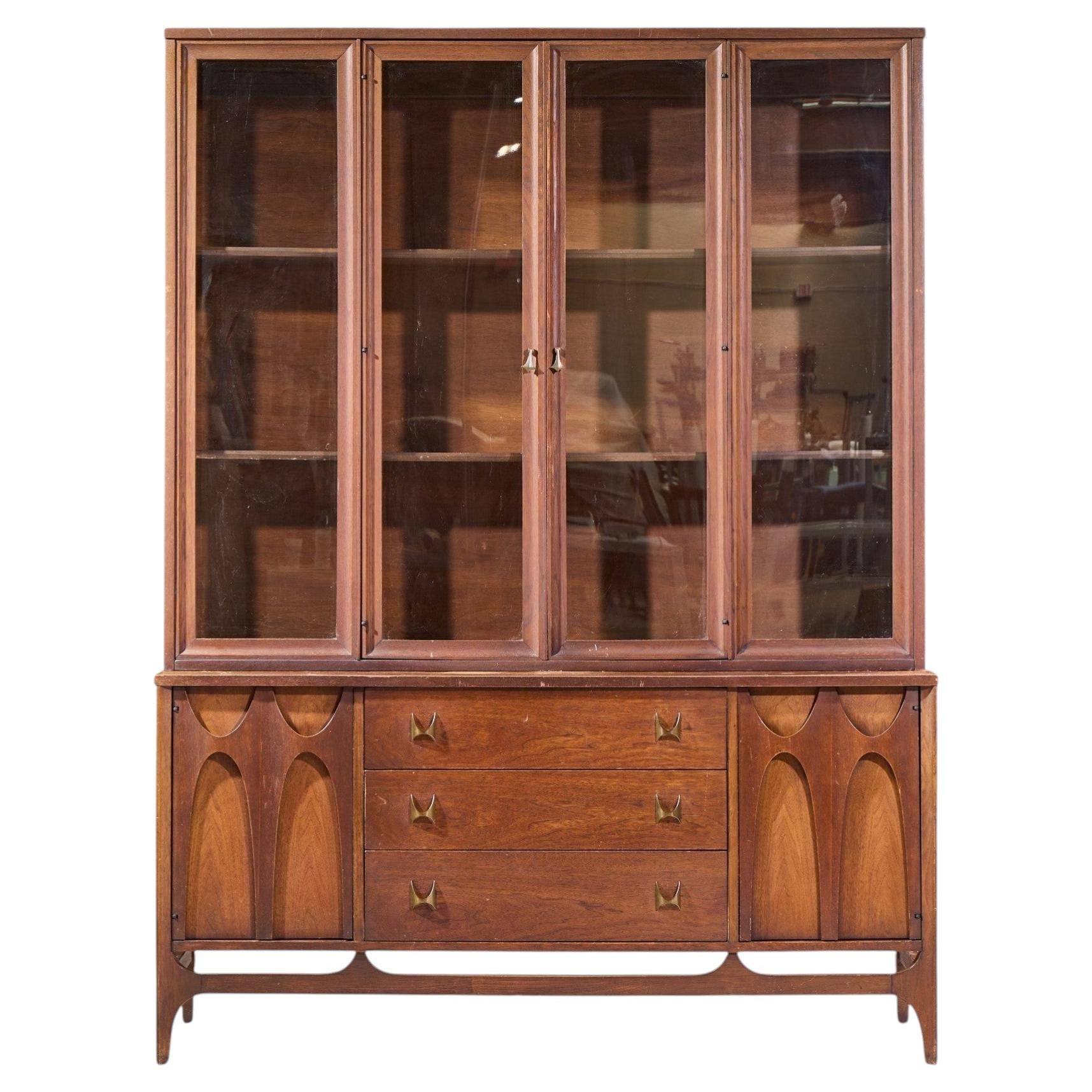 Broyhill Brasilia Mid Century Walnut and Brass Credenza and Hutch