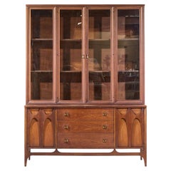 Broyhill Brasilia Mid Century Walnut and Brass Credenza and Hutch