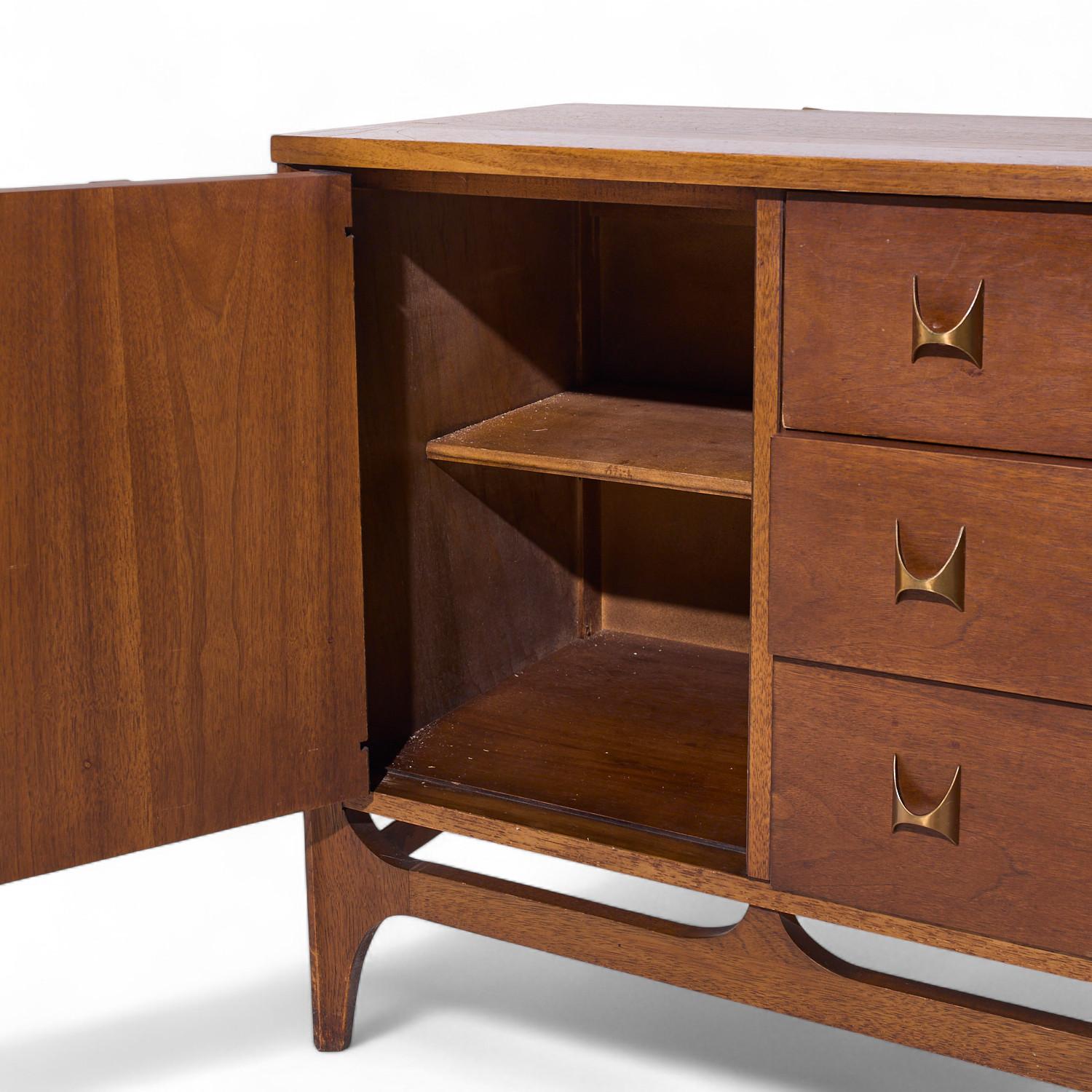 20th Century Broyhill Brasilia Mid Century Walnut and Brass Credenza For Sale