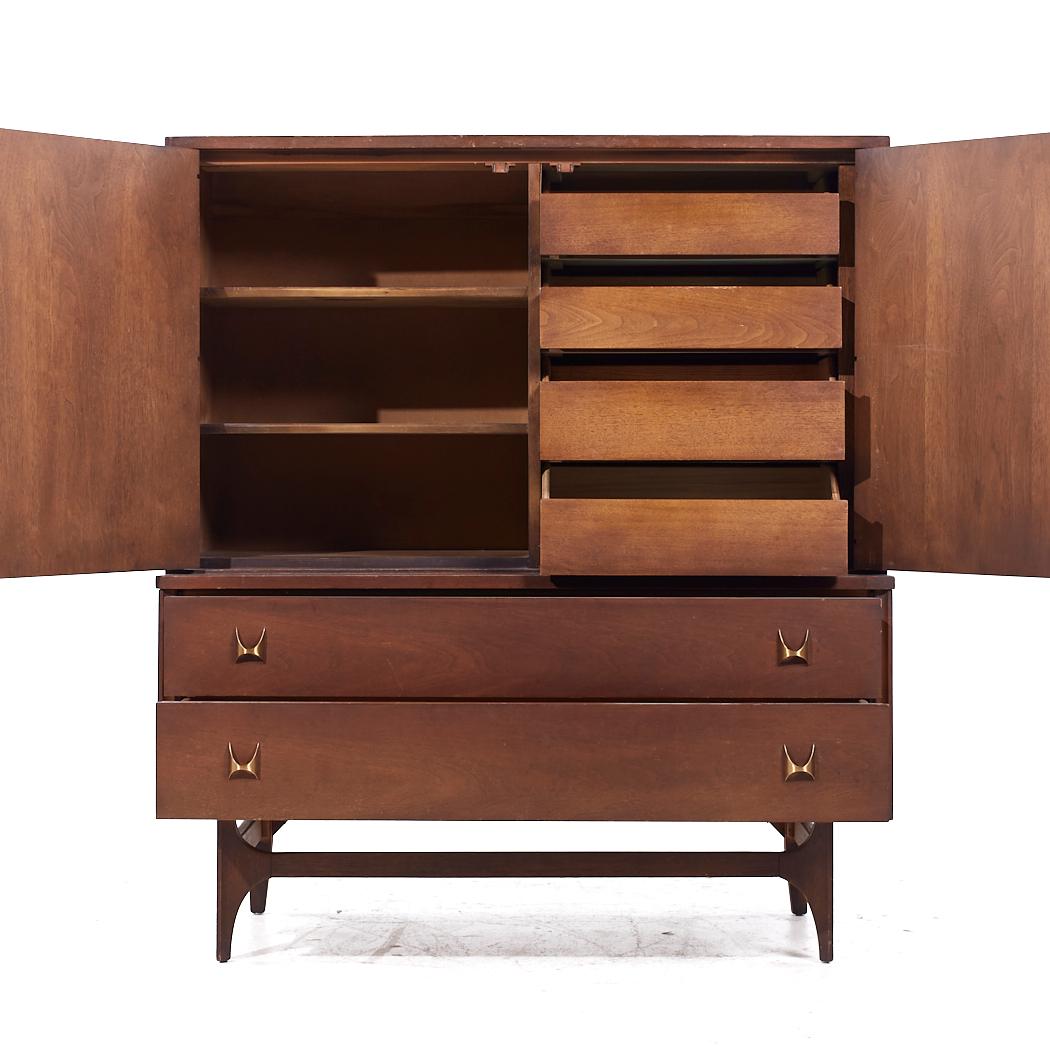 Late 20th Century Broyhill Brasilia Mid Century Walnut and Brass Gentleman's Chest Armoire For Sale