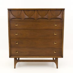 Broyhill Brasilia Mid Century Walnut and Brass 5 Drawer Highboy Dresser Chest