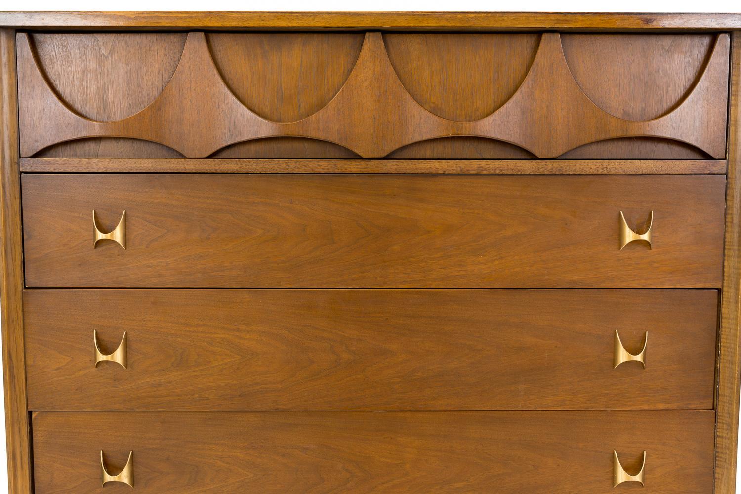 Mid-Century Modern Broyhill Brasilia Mid Century Walnut and Brass 5 Drawer Highboy Dresser Chest
