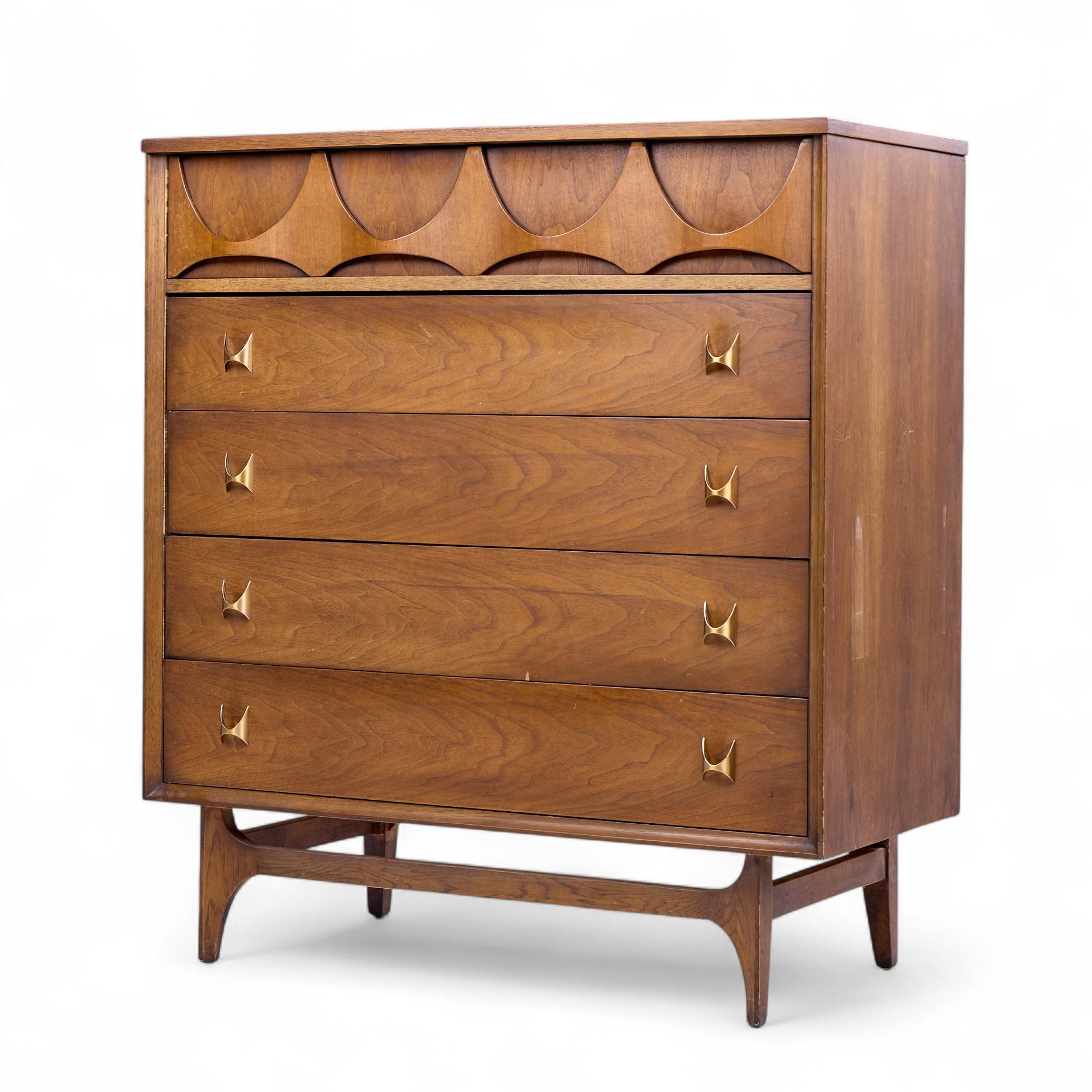Mid-Century Modern Broyhill Brasilia Mid Century Walnut and Brass Highboy Dresser For Sale