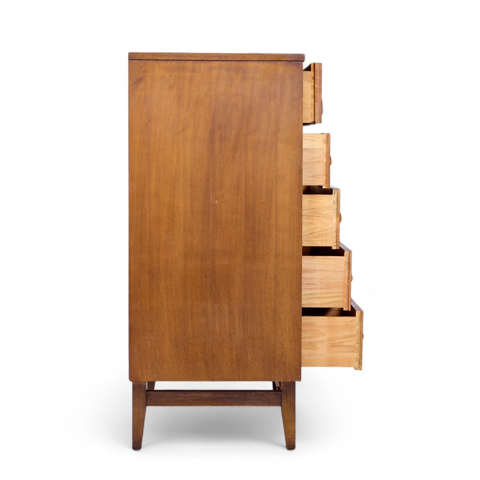 American Broyhill Brasilia Mid Century Walnut and Brass Highboy Dresser For Sale