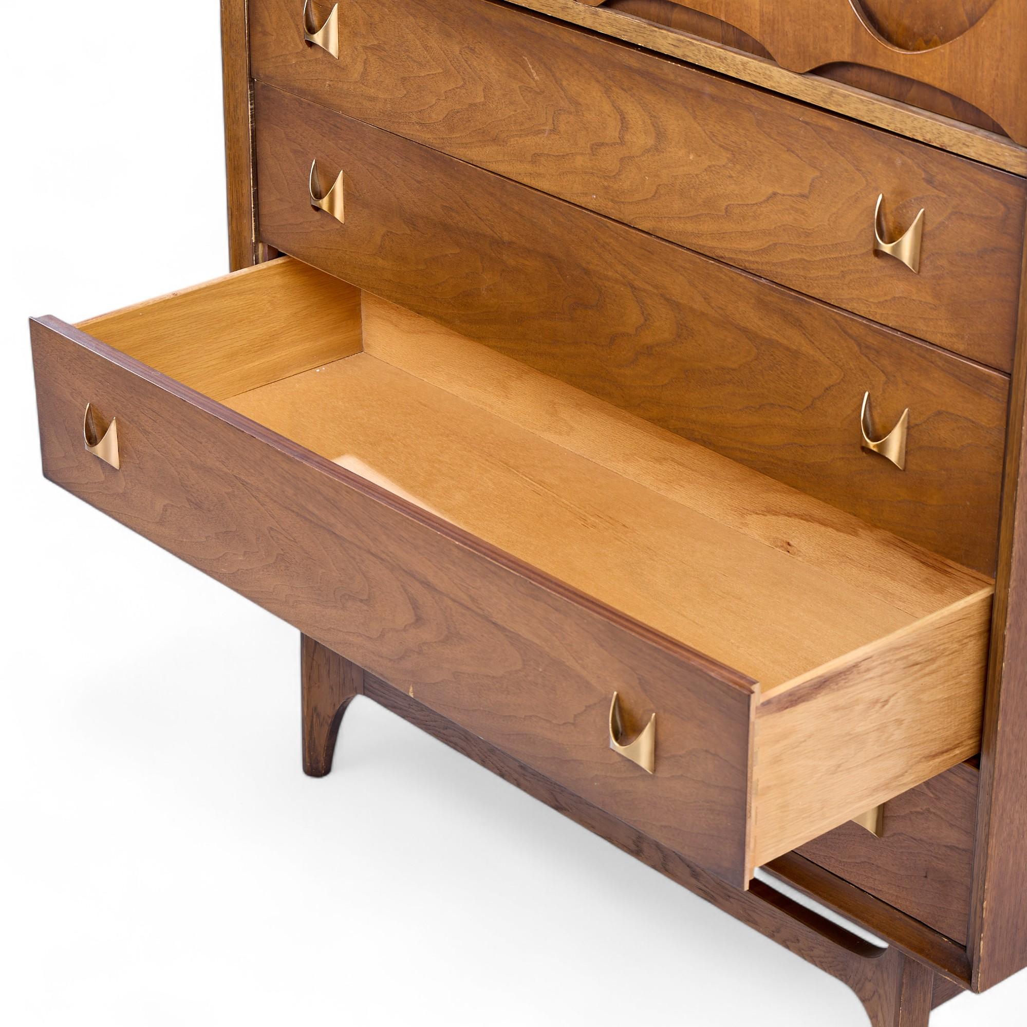 20th Century Broyhill Brasilia Mid Century Walnut and Brass Highboy Dresser For Sale