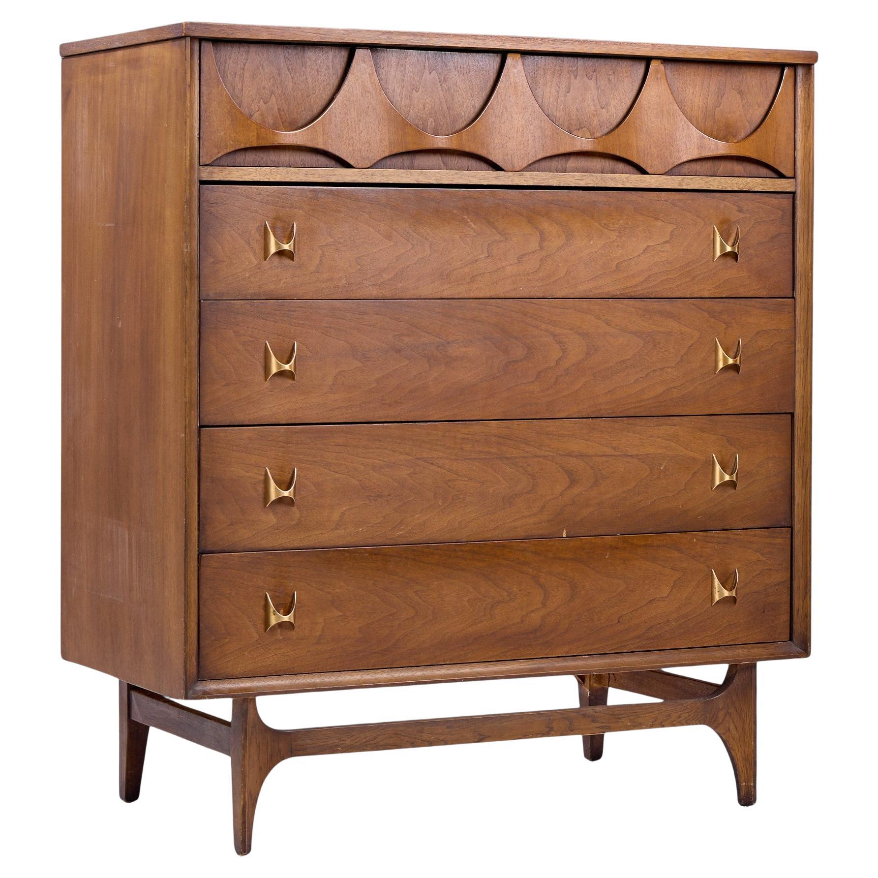 Broyhill Brasilia Mid Century Walnut and Brass Highboy Dresser For Sale