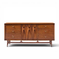 Broyhill Brasilia Mid Century Walnut and Brass Lowboy 9 Drawer Dresser