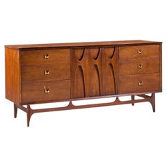 Broyhill Brasilia Mid Century Walnut and Brass Lowboy 9 Drawer Dresser