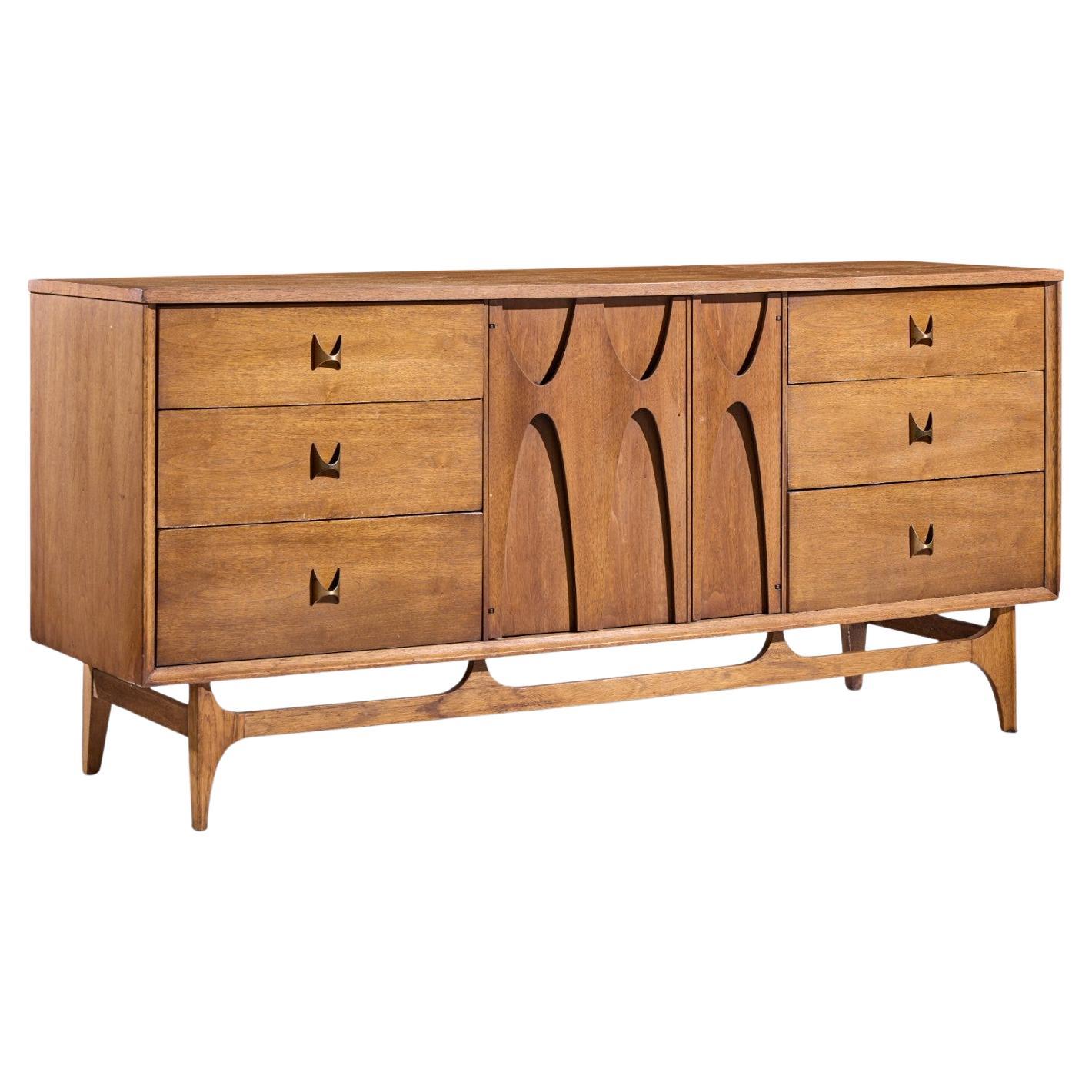 Broyhill Brasilia Mid Century Walnut and Brass Lowboy Dresser For Sale