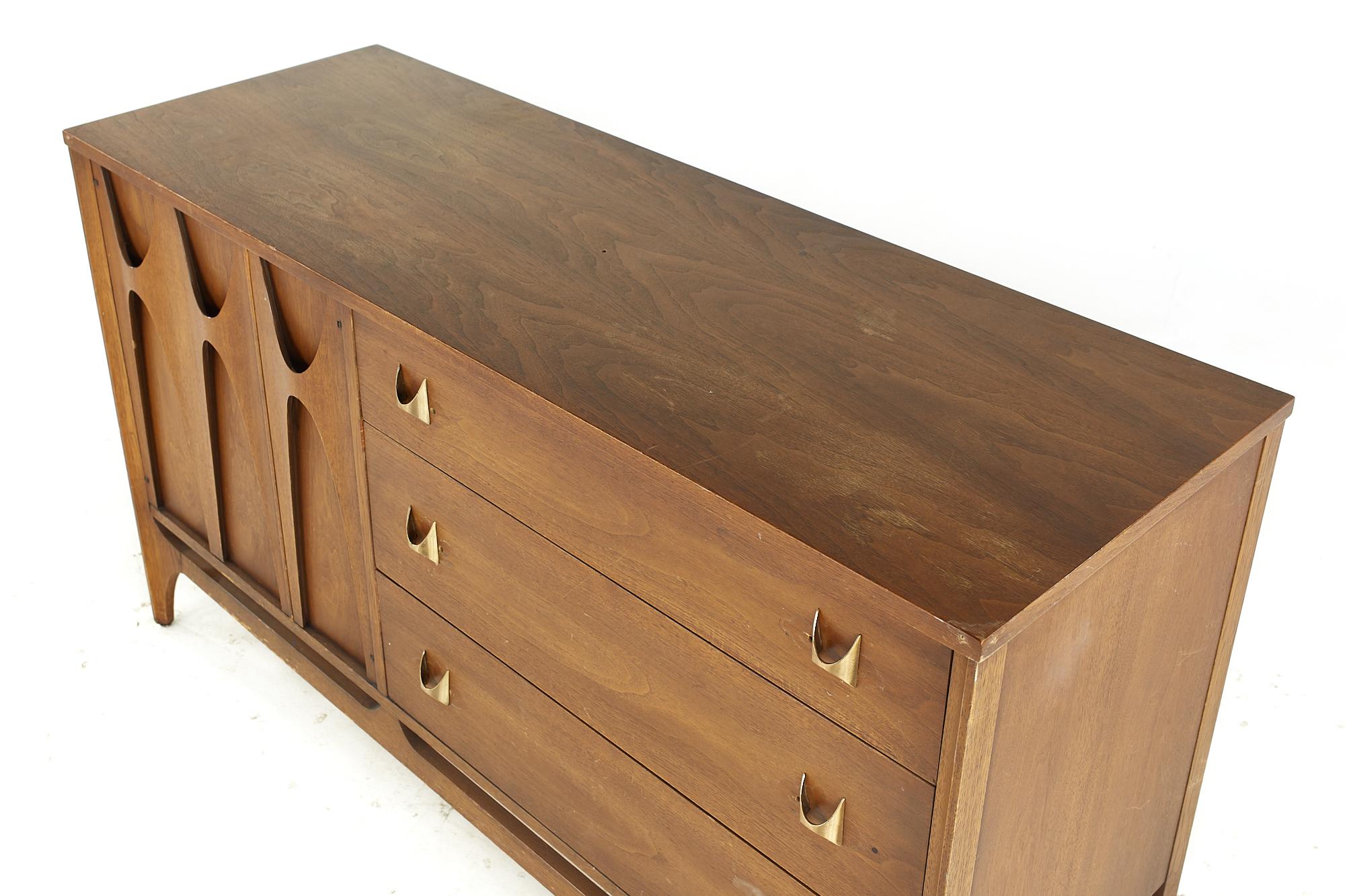 Mid-Century Modern Broyhill Brasilia Midcentury Walnut and Brass Offset Buffet For Sale