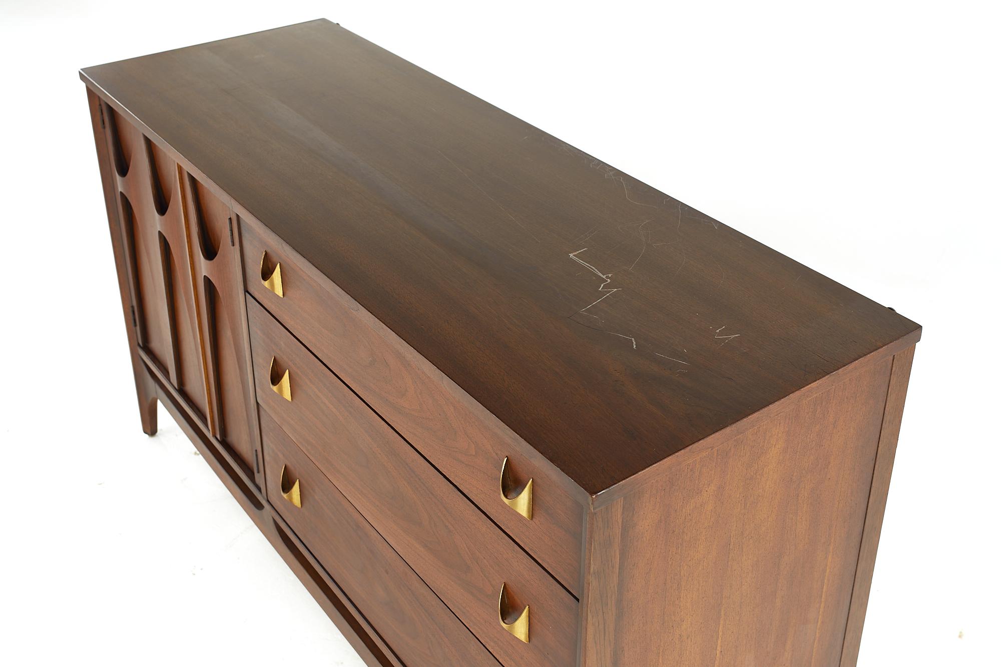 Late 20th Century Broyhill Brasilia Mid Century Walnut and Brass Offset Buffet For Sale