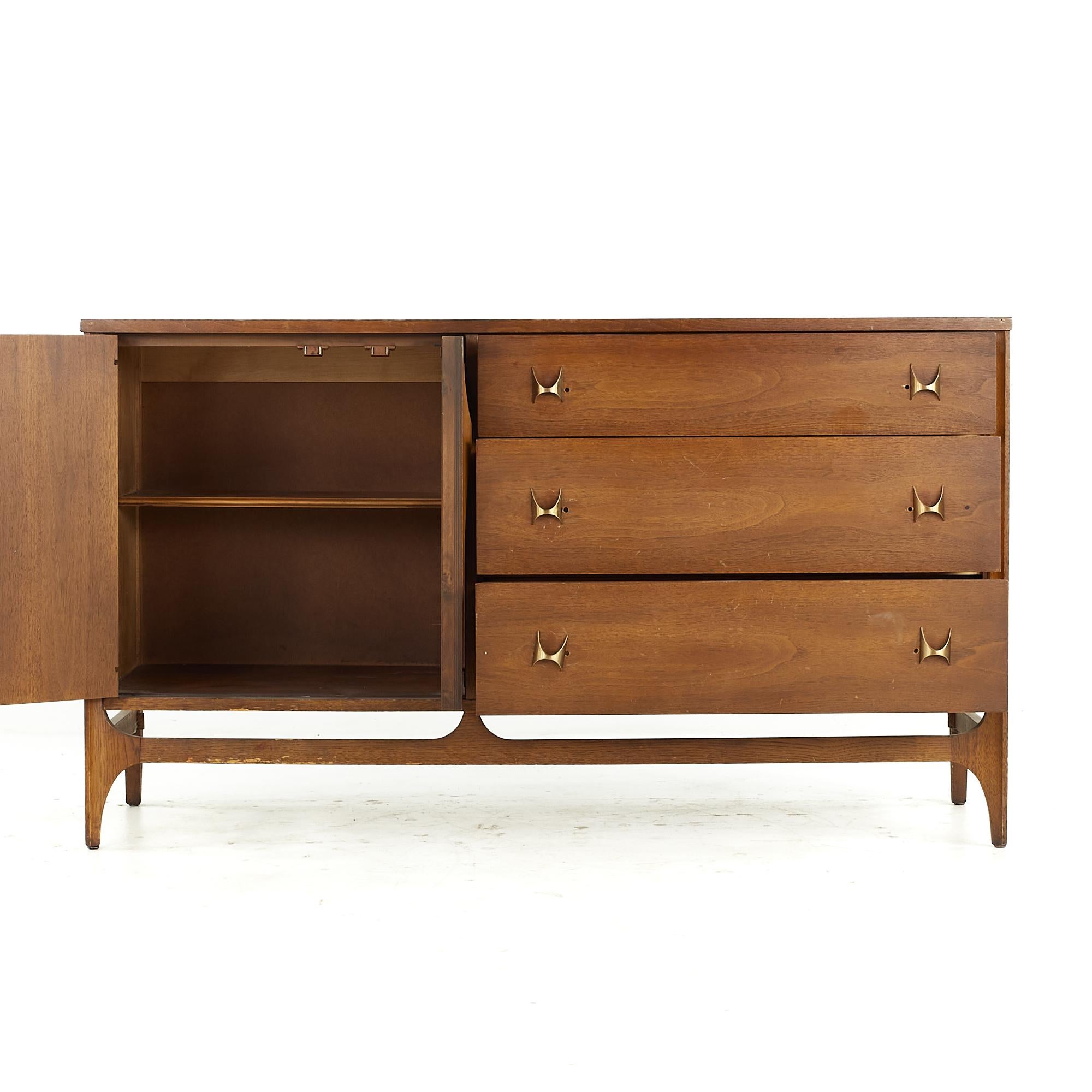 American Broyhill Brasilia Midcentury Walnut and Brass Offset Buffet For Sale