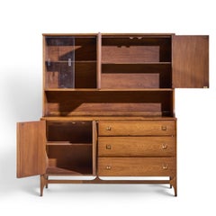 Broyhill Brasilia Mid Century Walnut and Brass Offset Credenza and Hutch