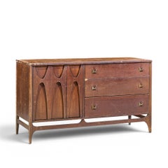 Broyhill Brasilia Mid Century Walnut and Brass Offset Credenza and Hutch