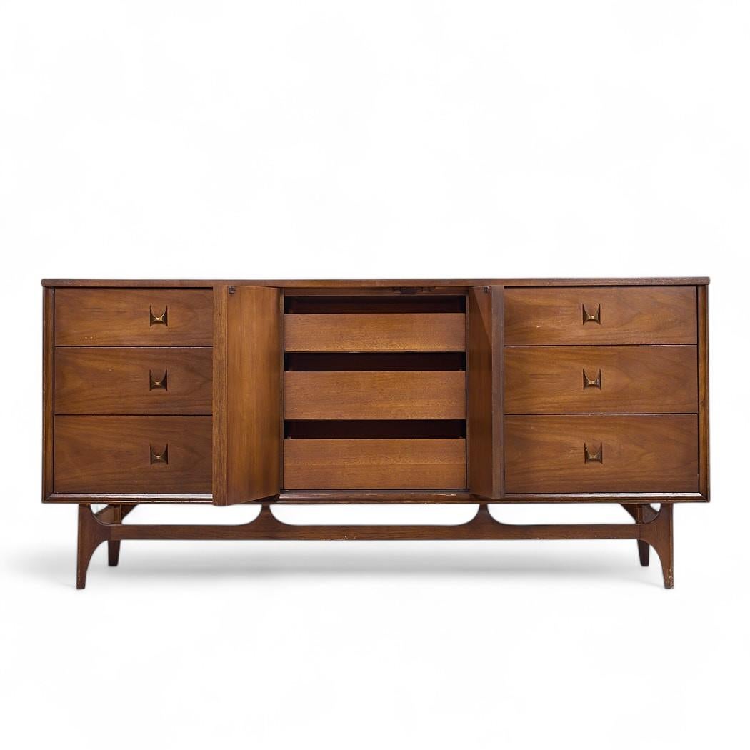 20th Century Broyhill Brasilia Mid Century Walnut Lowboy 9 Drawer Dresser For Sale