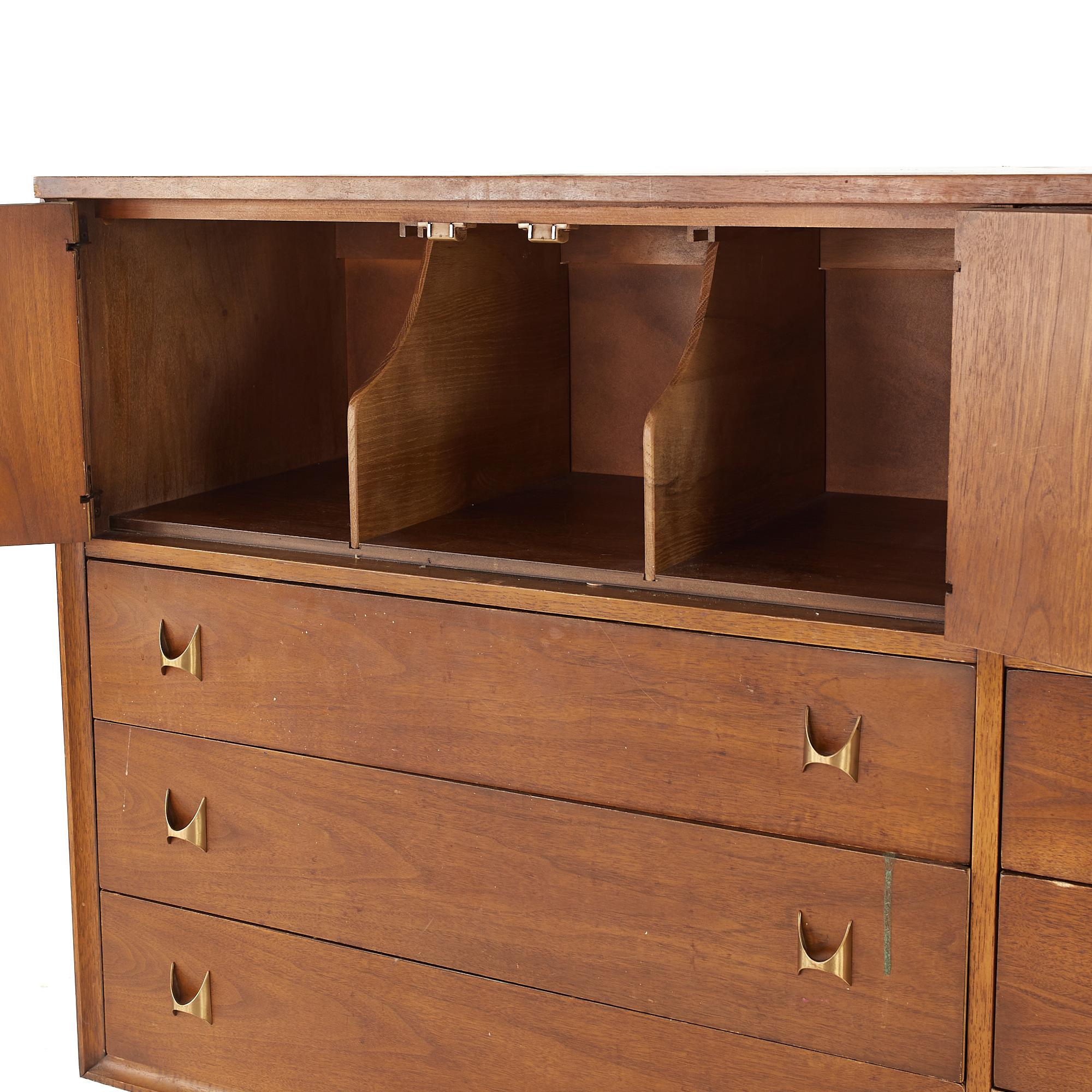 Brass Broyhill Brasilia Mid Century Walnut Magna Dresser For Sale