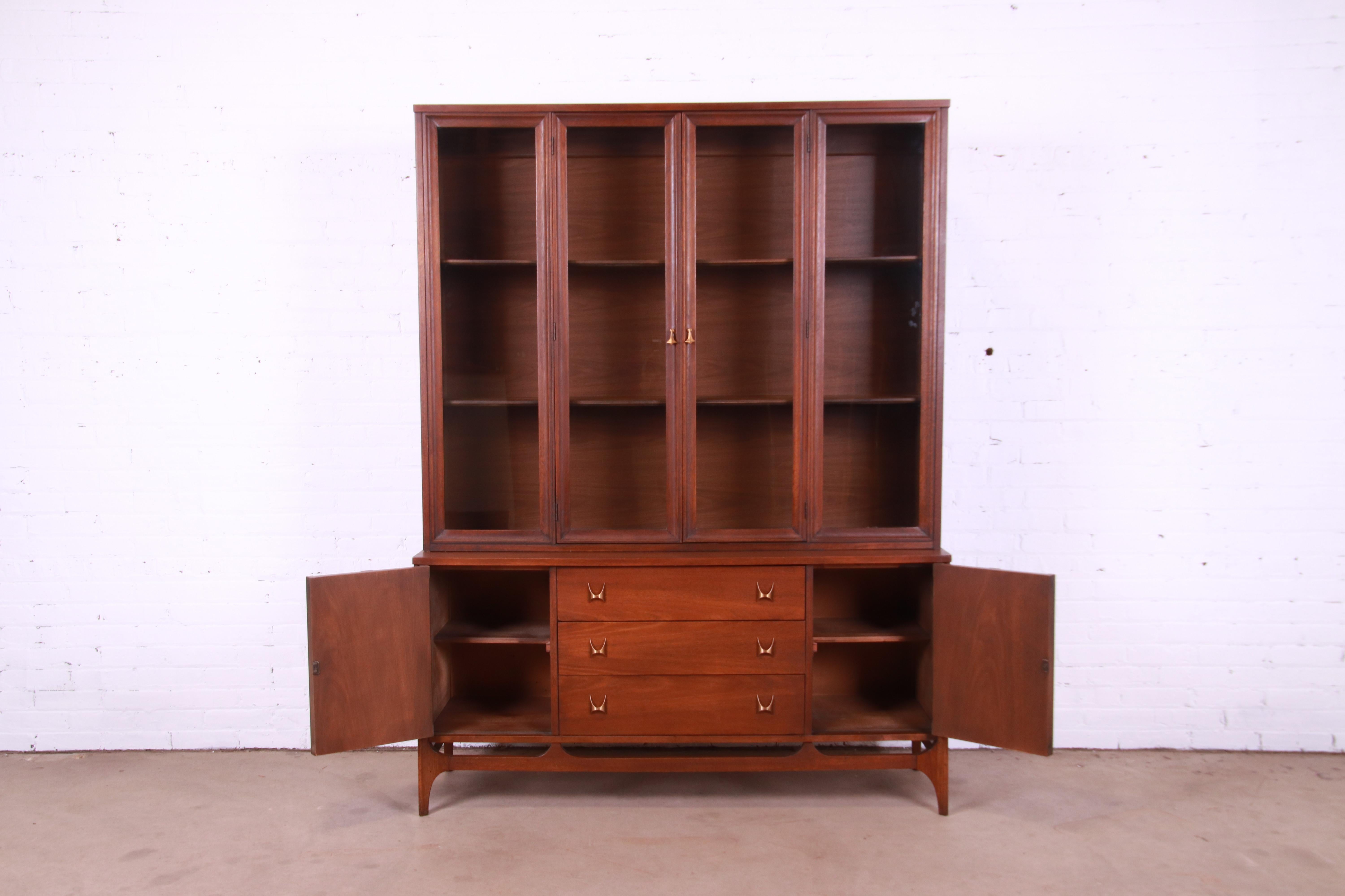 Broyhill Brasilia Sculpted Walnut Breakfront Bookcase or China Cabinet, 1960s 5