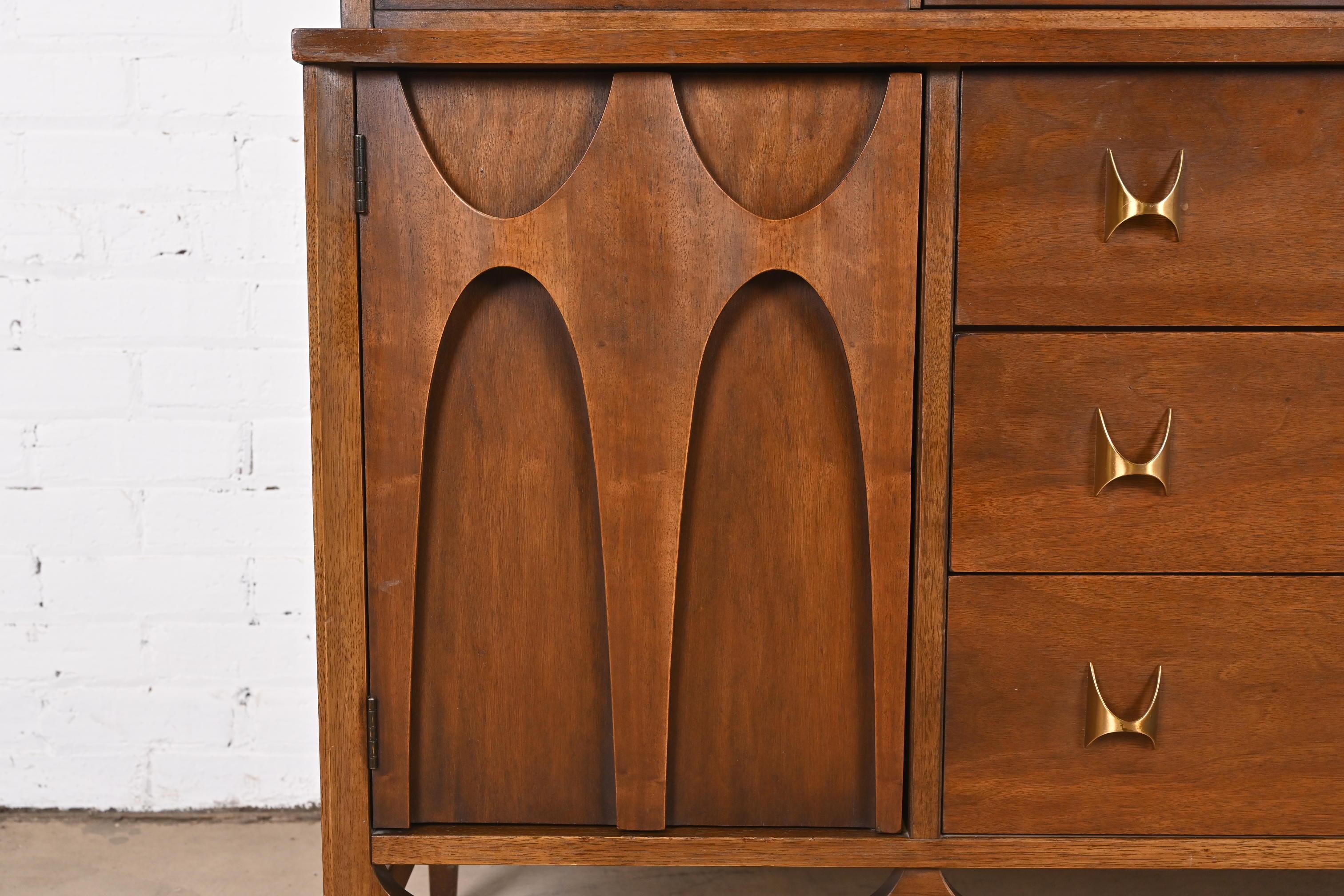 Broyhill Brasilia Sculpted Walnut Breakfront Bookcase or China Cabinet, 1960s 4
