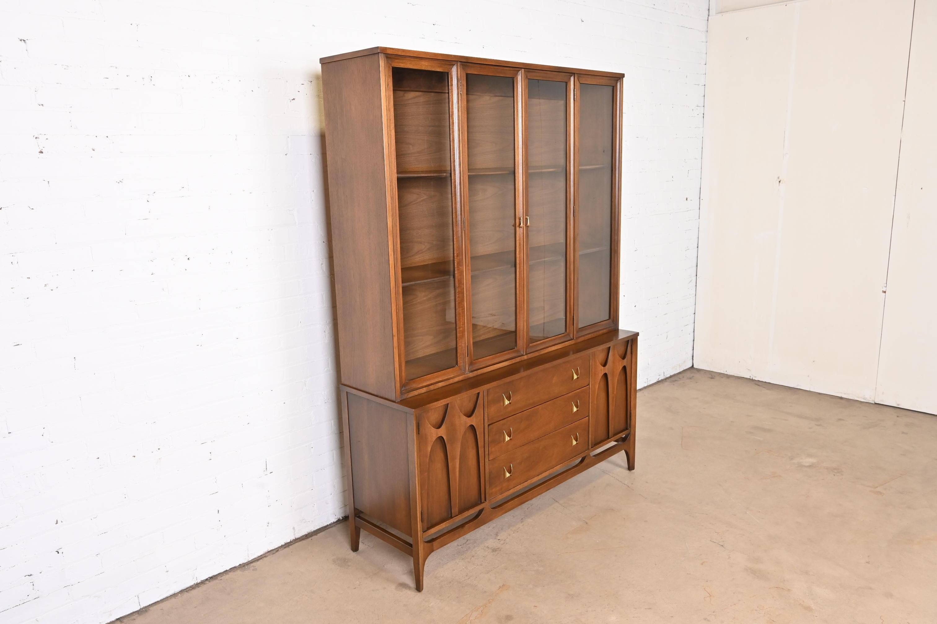 American Broyhill Brasilia Sculpted Walnut Breakfront Bookcase or China Cabinet, 1960s