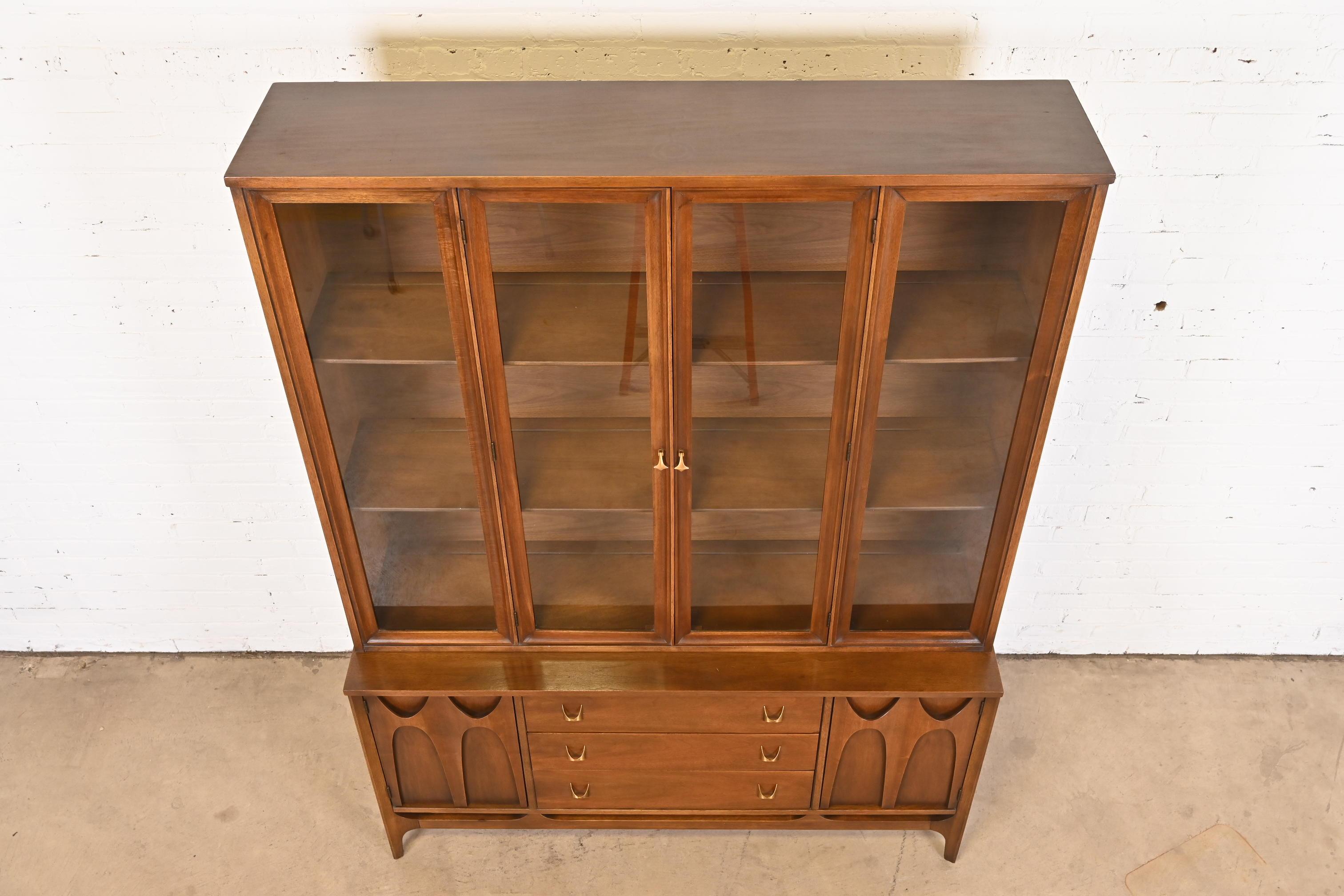 Broyhill Brasilia Sculpted Walnut Breakfront Bookcase or China Cabinet, 1960s In Good Condition In South Bend, IN