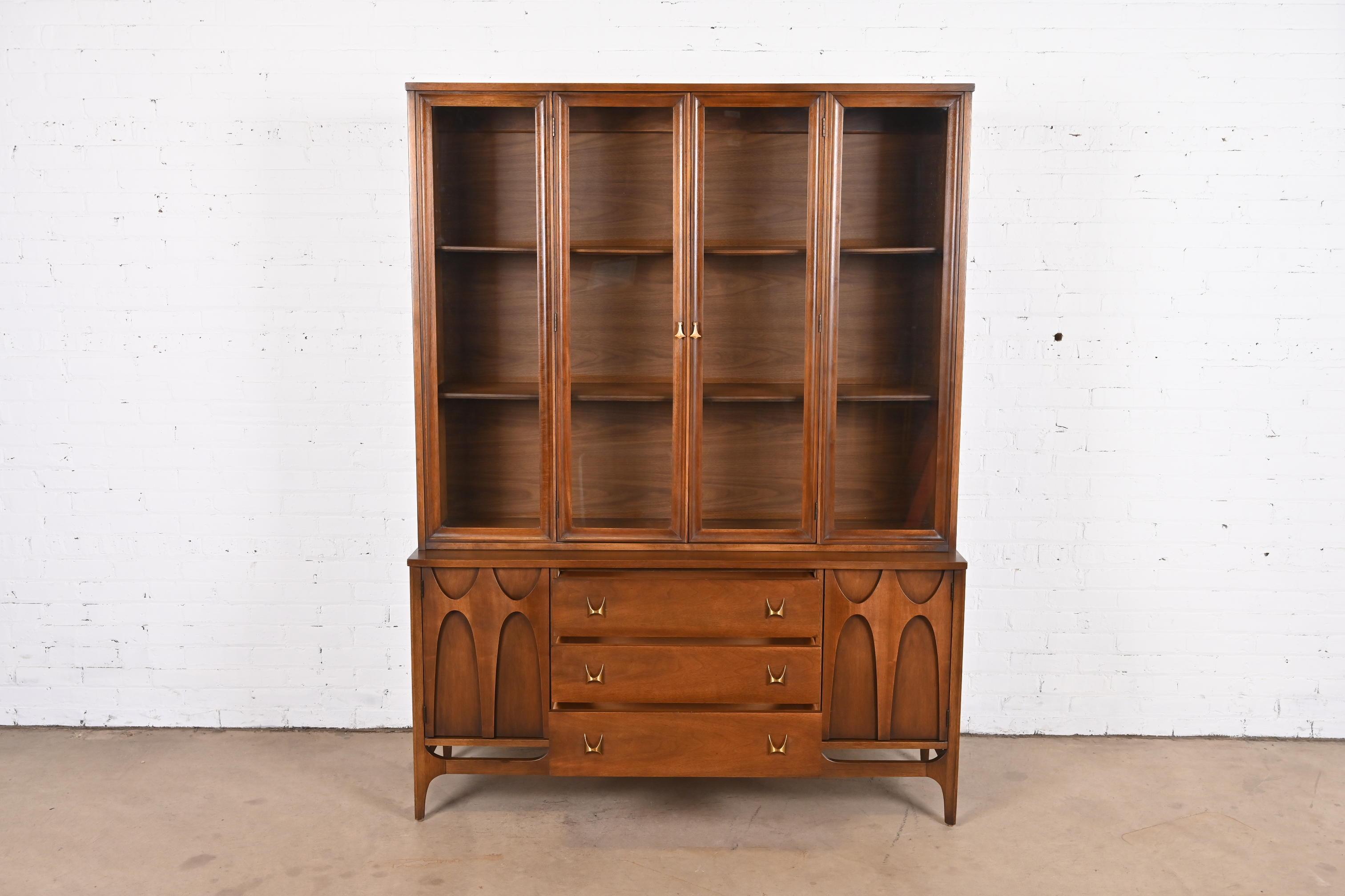 Mid-20th Century Broyhill Brasilia Sculpted Walnut Breakfront Bookcase or China Cabinet, 1960s