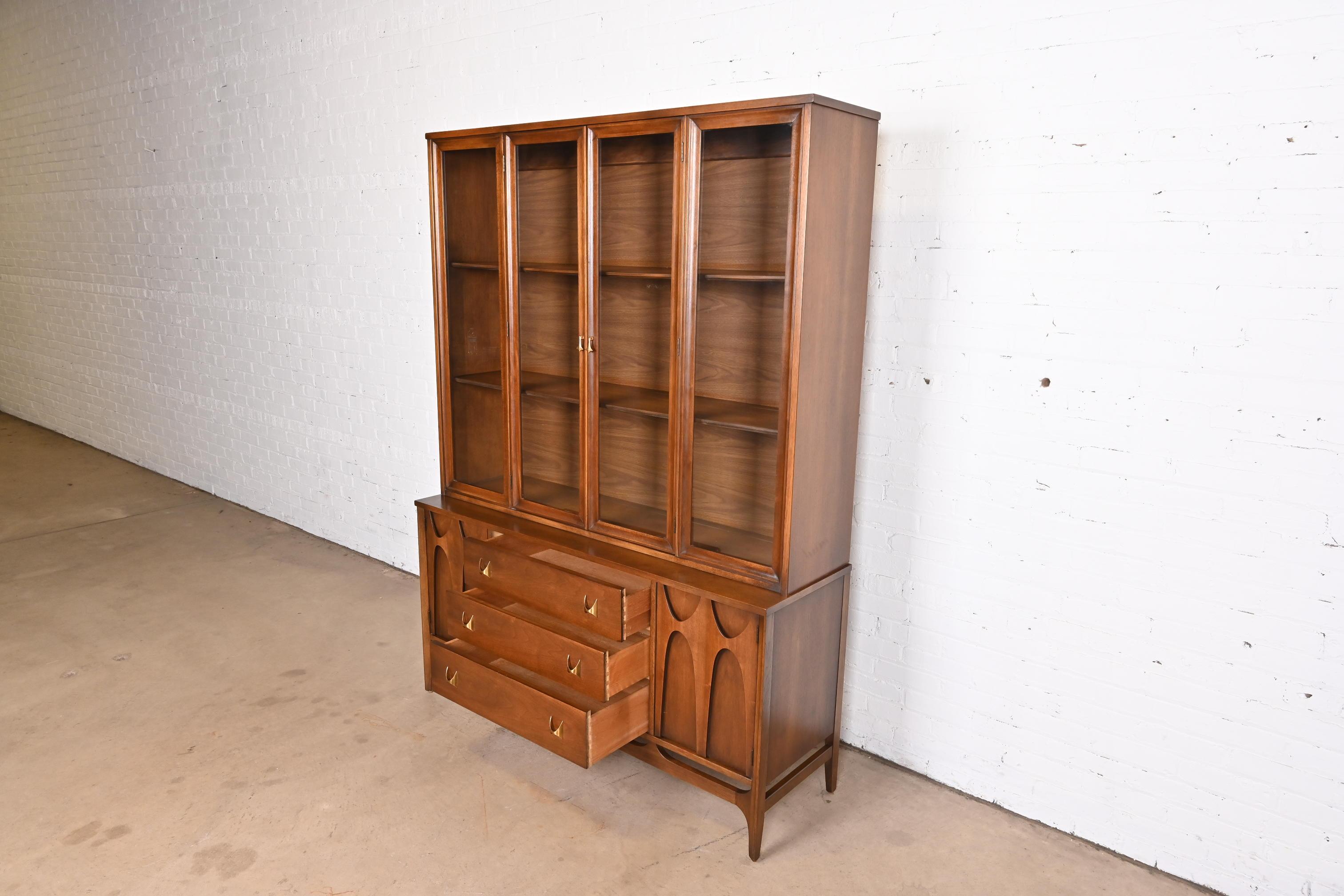 Brass Broyhill Brasilia Sculpted Walnut Breakfront Bookcase or China Cabinet, 1960s