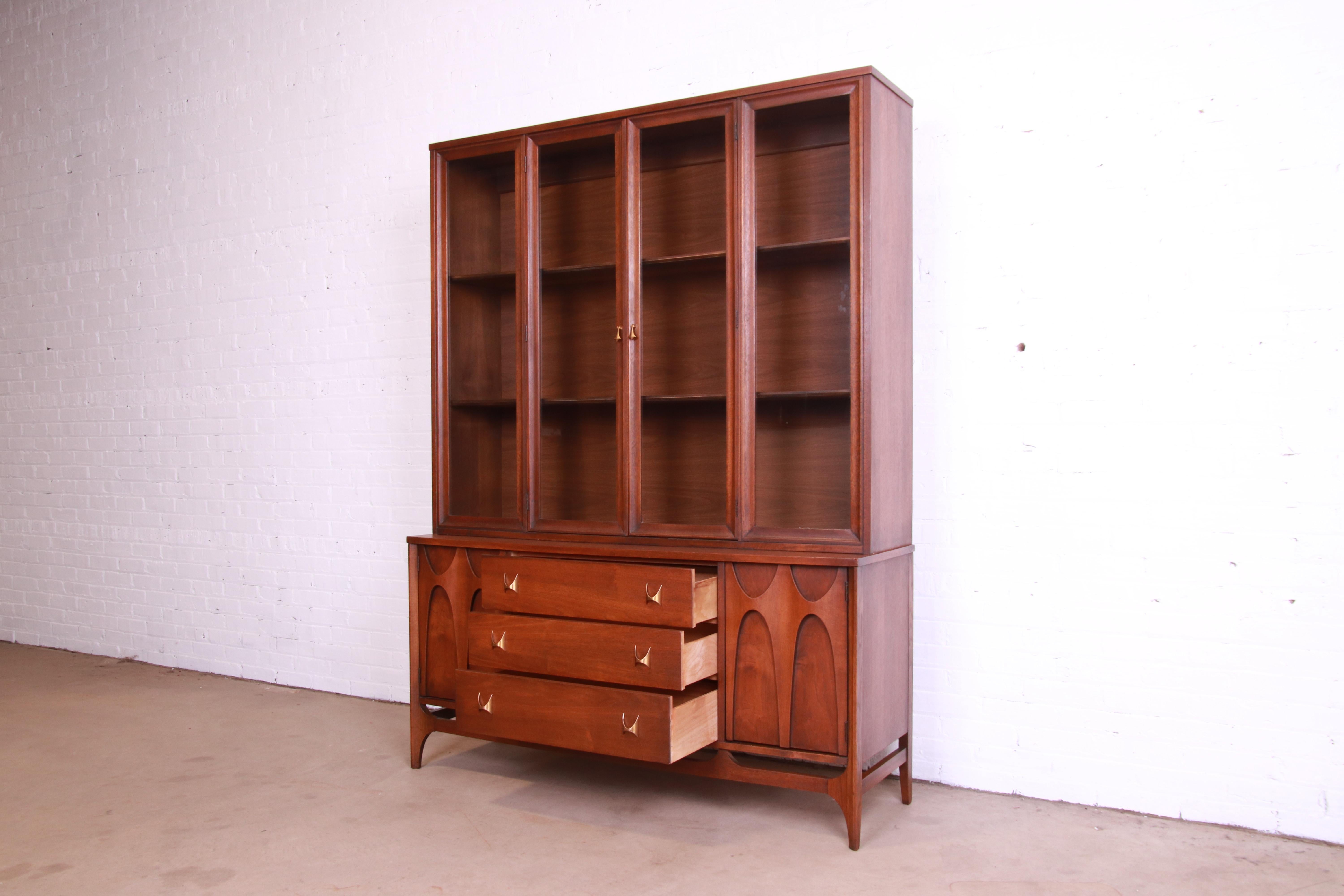 Broyhill Brasilia Sculpted Walnut Breakfront Bookcase or China Cabinet, 1960s 2