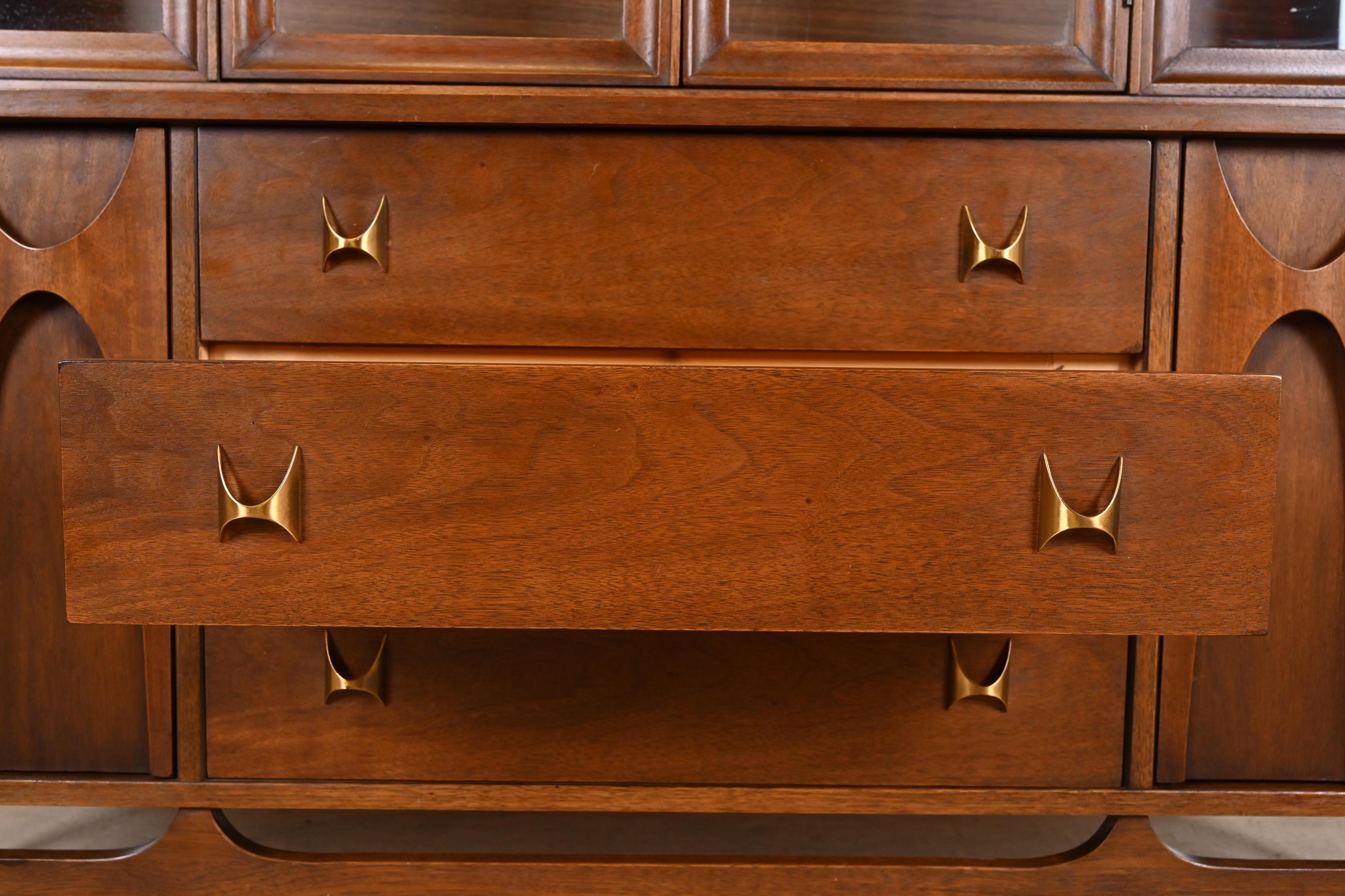 Broyhill Brasilia Sculpted Walnut Breakfront Bookcase or China Cabinet, 1960s 1