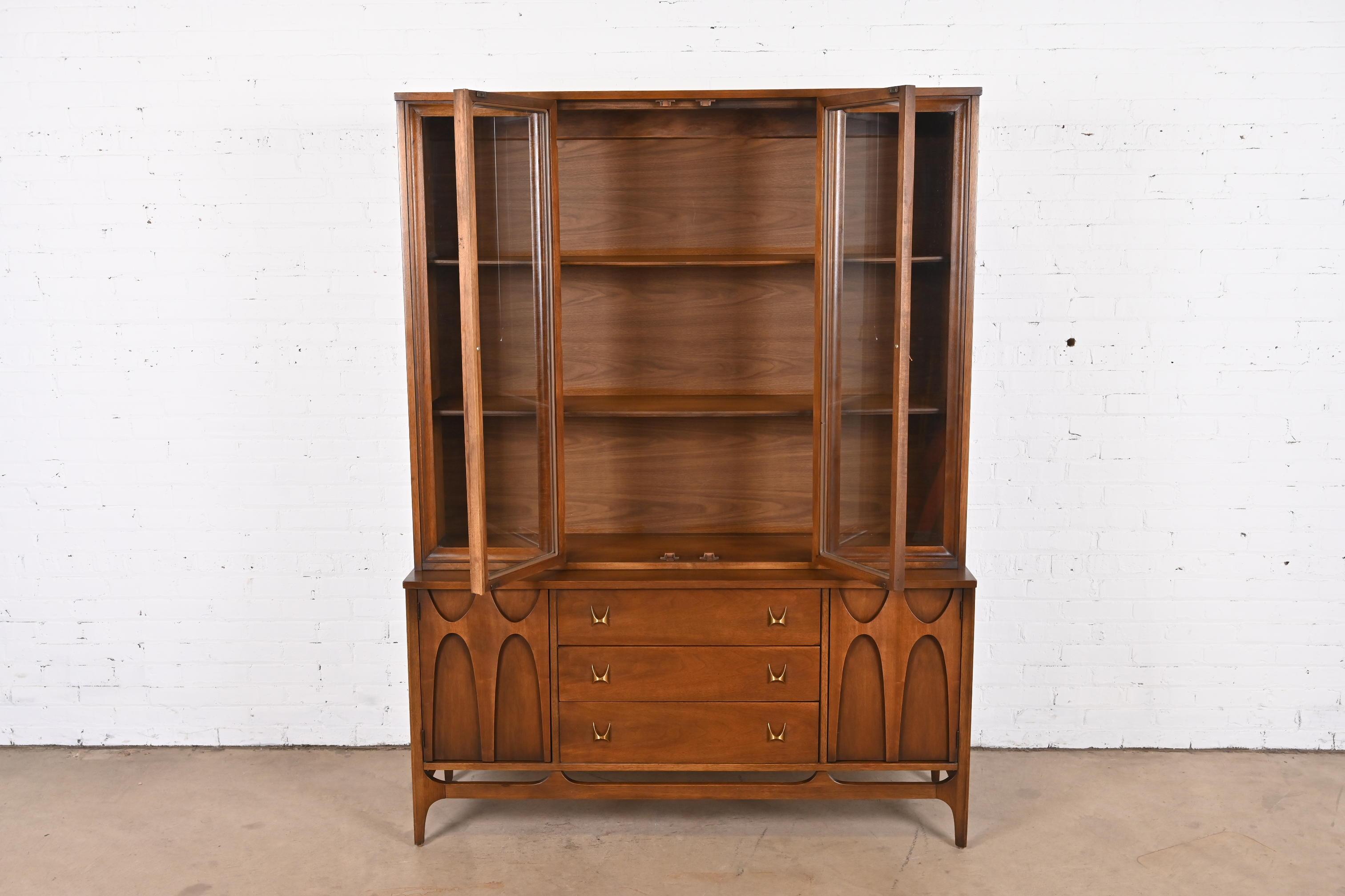 Broyhill Brasilia Sculpted Walnut Breakfront Bookcase or China Cabinet, 1960s 2
