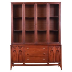 Broyhill Brasilia Sculpted Walnut Breakfront Bookcase or China Cabinet, 1960s